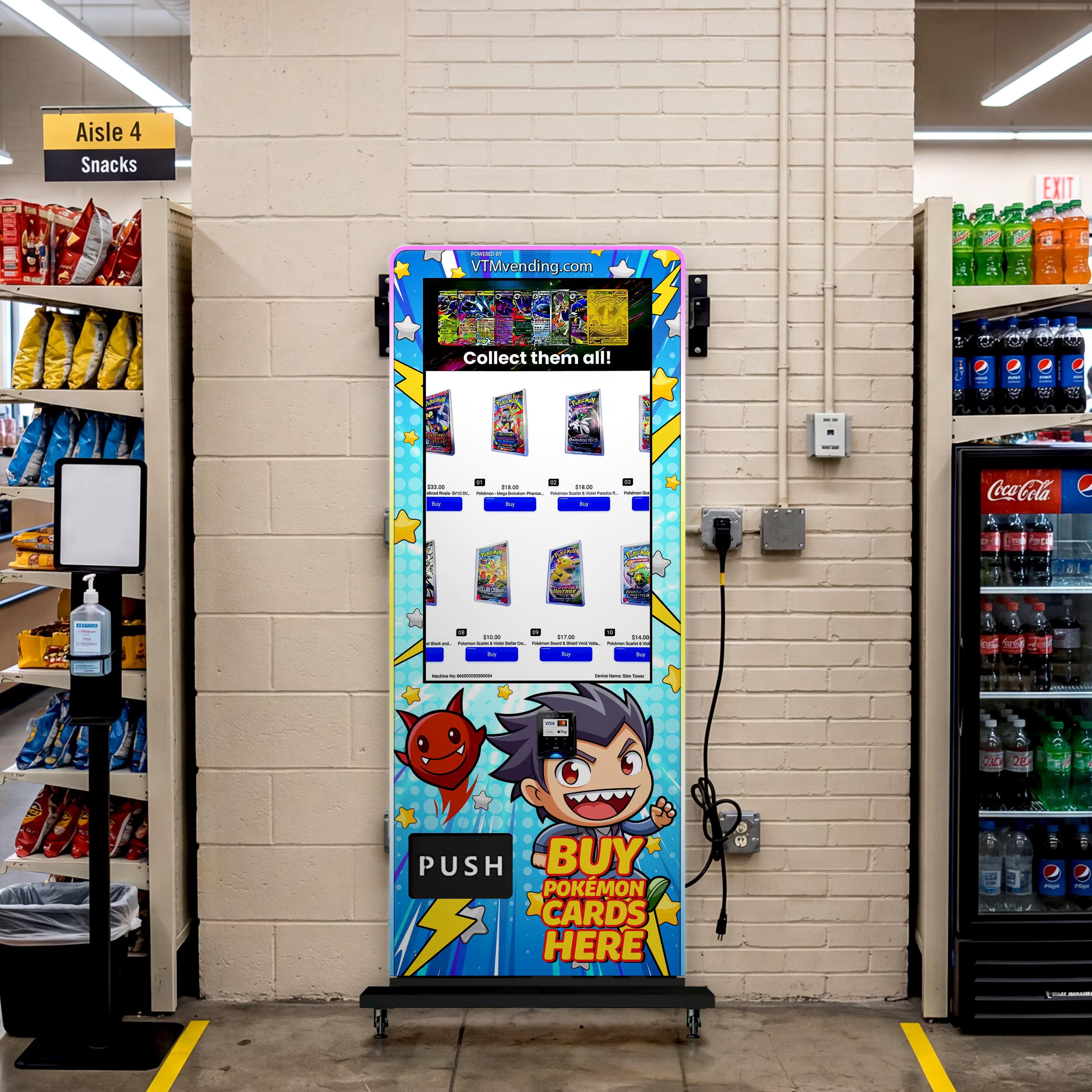 Blue VTM trading card vending machine installed in a store